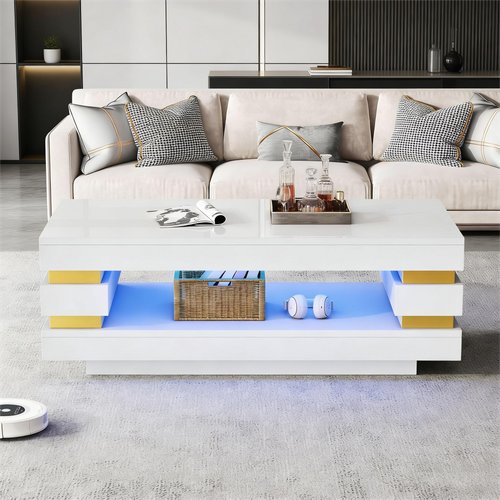 Table Basse 100 Cm Avec LED Et Rangement, Blanc
