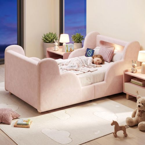 Lit Enfant 90x200 Cm Avec Veilleuse, USB Et Barre De Protection, Velours Rose
