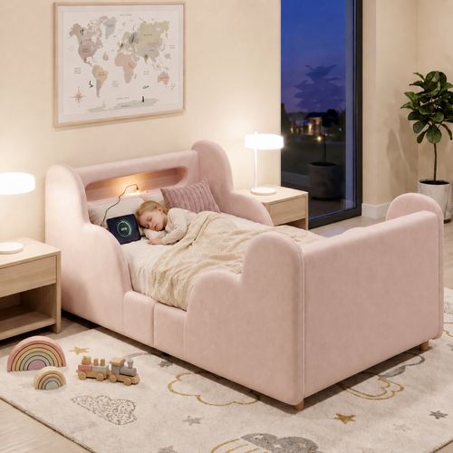 Lit Enfant 90x200 Cm Avec Veilleuse, USB Et Barre De Protection, Velours Rose