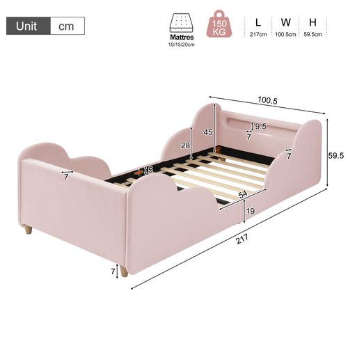 Lit Enfant 90x200 Cm Avec Veilleuse, USB Et Barre De Protection, Velours Rose