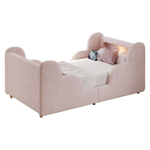 Lit Enfant 90x200 Cm Avec Veilleuse, USB Et Barre De Protection, Velours Rose