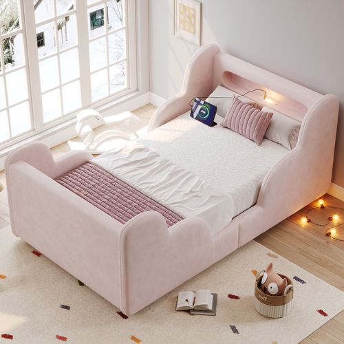 Lit Enfant 90x200 Cm Avec Veilleuse, USB Et Barre De Protection, Velours Rose