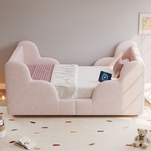 Lit Enfant 90x200 Cm Avec Veilleuse, USB Et Barre De Protection, Velours Rose