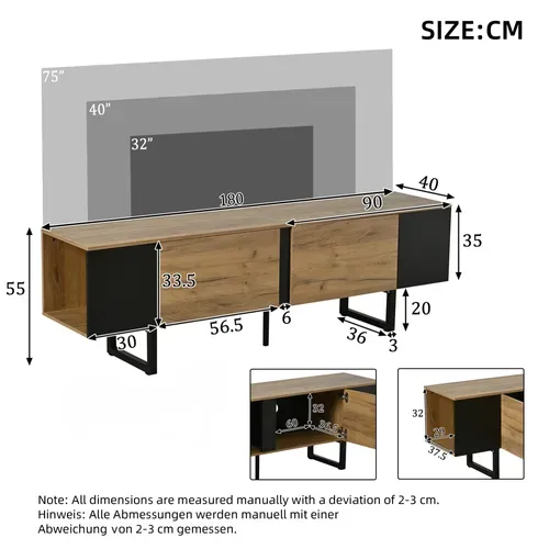 Meuble TV L.180 Cm Bois Naturel + Noir, Avec 2 Portes + 2 Niches, Pour écran Jusqu'à 75 Pouces