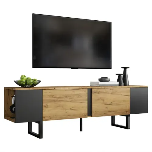 Meuble TV L.180 Cm Bois Naturel + Noir, Avec 2 Portes + 2 Niches, Pour écran Jusqu'à 75 Pouces