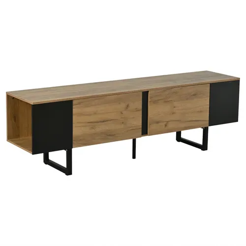 Meuble TV L.180 Cm Bois Naturel + Noir, Avec 2 Portes + 2 Niches, Pour écran Jusqu'à 75 Pouces