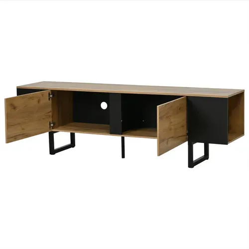 Meuble TV L.180 Cm Bois Naturel + Noir, Avec 2 Portes + 2 Niches, Pour écran Jusqu'à 75 Pouces