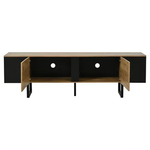 Meuble TV L.180 Cm Bois Naturel + Noir, Avec 2 Portes + 2 Niches, Pour écran Jusqu'à 75 Pouces
