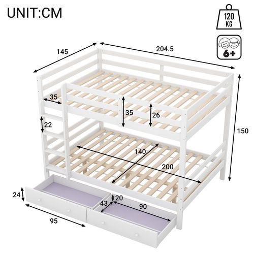 Lit Superposé 140x200 Cm, Lit Enfant Avec 2 Tiroirs Et Barrière Anti-chute, Pin, Blanc