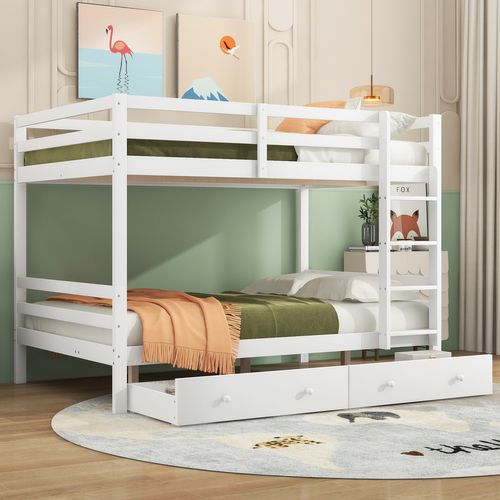 Lit Superposé 140x200 Cm, Lit Enfant Avec 2 Tiroirs Et Barrière Anti-chute, Pin, Blanc