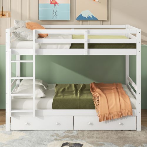 Lit Superposé 140x200 Cm, Lit Enfant Avec 2 Tiroirs Et Barrière Anti-chute, Pin, Blanc