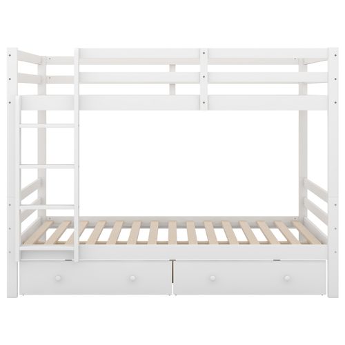 Lit Superposé 140x200 Cm, Lit Enfant Avec 2 Tiroirs Et Barrière Anti-chute, Pin, Blanc