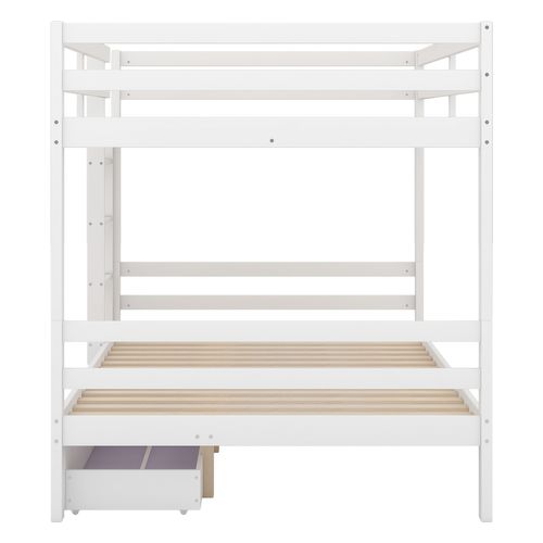 Lit Superposé 140x200 Cm, Lit Enfant Avec 2 Tiroirs Et Barrière Anti-chute, Pin, Blanc