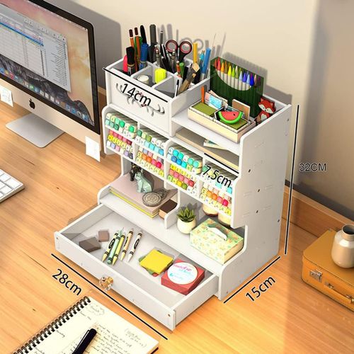 Organiseur De Bureau Pvc Avec Tiroir Multi Compartiments Rangement Blanc