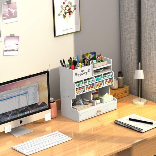 Organiseur De Bureau Pvc Avec Tiroir Multi Compartiments Rangement Blanc