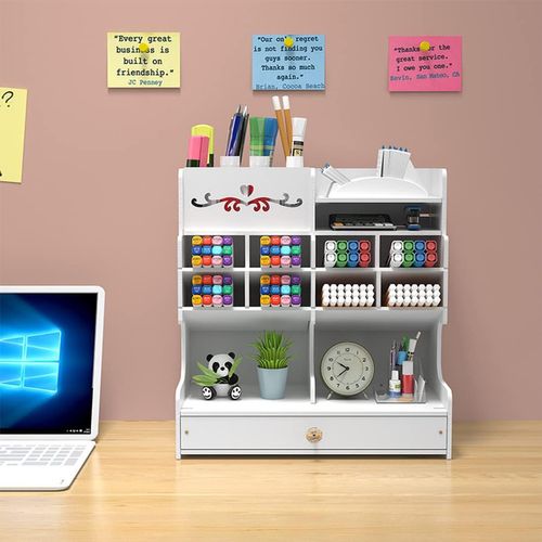 Organiseur De Bureau Pvc Avec Tiroir Multi Compartiments Rangement Blanc