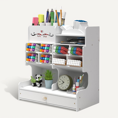 Organiseur De Bureau Pvc Avec Tiroir Multi Compartiments Rangement Blanc