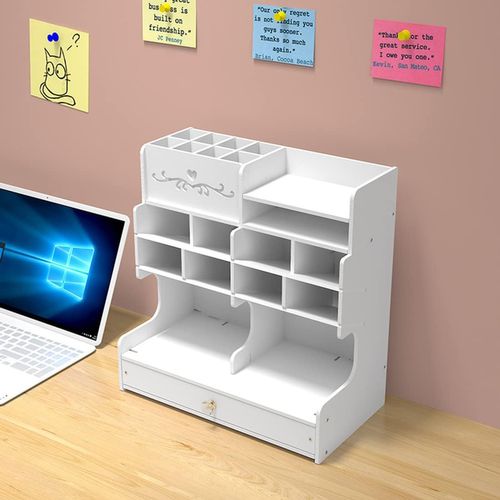 Organiseur De Bureau Pvc Avec Tiroir Multi Compartiments Rangement Blanc