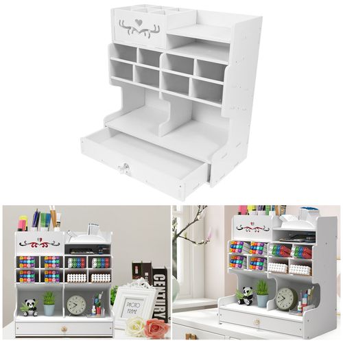 Organiseur De Bureau Pvc Avec Tiroir Multi Compartiments Rangement Blanc