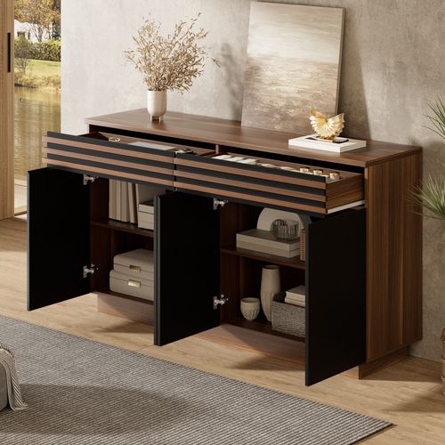 Buffet Vitrine 150 Cm Avec 4 Portes 2 Tiroirs, Brun