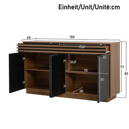 Buffet Vitrine 150 Cm Avec 4 Portes 2 Tiroirs, Brun