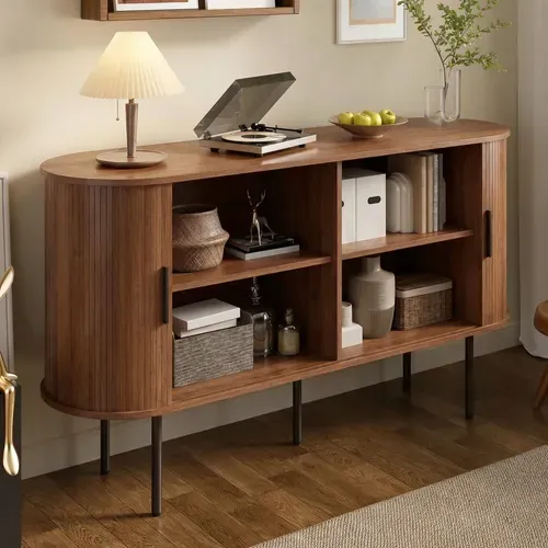 Buffet Vitrine Avec 2 Portes Rouleau, Bois-foncé