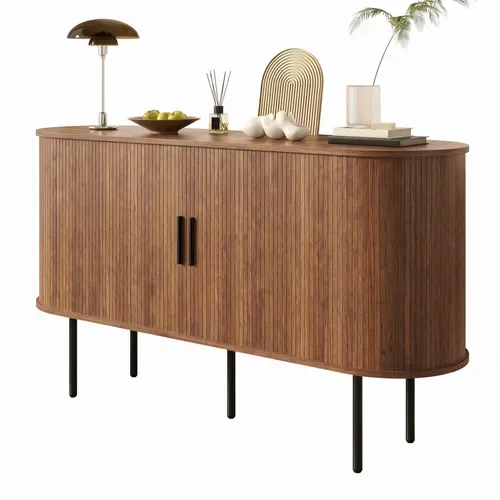 Buffet Vitrine Avec 2 Portes Rouleau, Bois-foncé