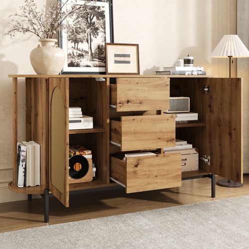 Buffet Vitrine 2 Portes Coulissantes Et 3 Tiroirs, Ovale Rattan, Bois