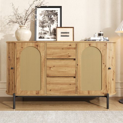 Buffet Vitrine 2 Portes Coulissantes Et 3 Tiroirs, Ovale Rattan, Bois