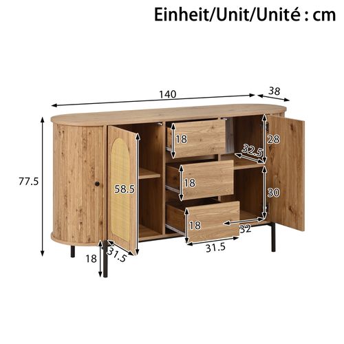 Buffet Vitrine 2 Portes Coulissantes Et 3 Tiroirs, Ovale Rattan, Bois