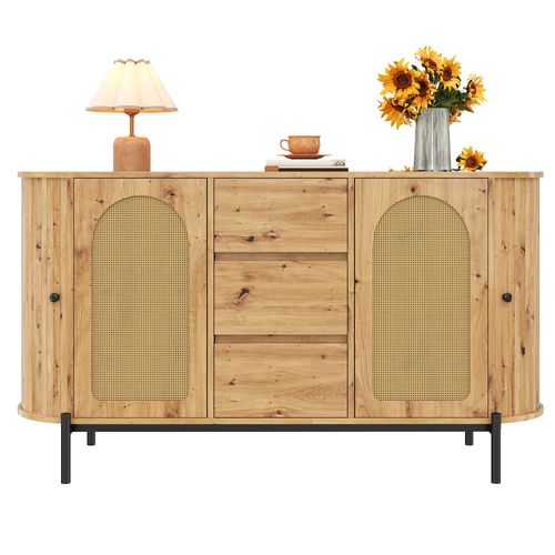 Buffet Vitrine 2 Portes Coulissantes Et 3 Tiroirs, Ovale Rattan, Bois