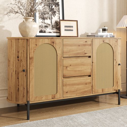 Buffet Vitrine 2 Portes Coulissantes Et 3 Tiroirs, Ovale Rattan, Bois