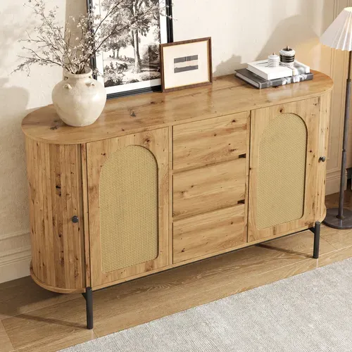 Buffet Vitrine 2 Portes Coulissantes Et 3 Tiroirs, Ovale Rattan, Bois