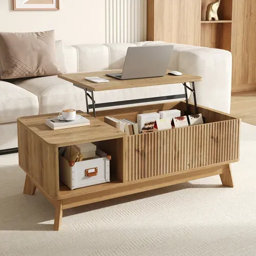 Table Basse Relevable Design Vague Avec Rangement, Bois