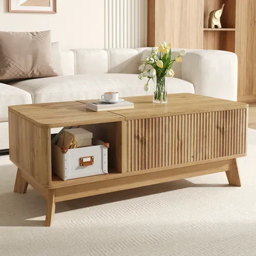 Table Basse Relevable Design Vague Avec Rangement, Bois