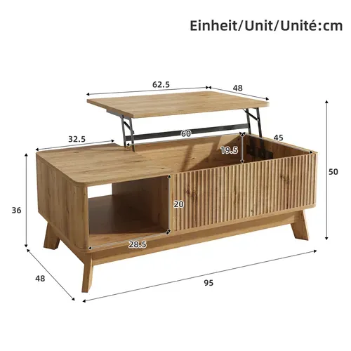 Table Basse Relevable Design Vague Avec Rangement, Bois