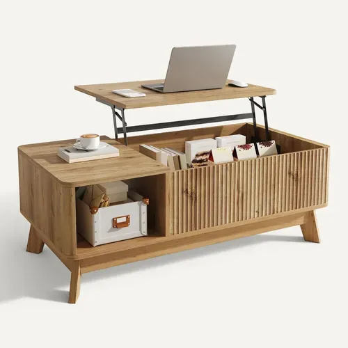 Table Basse Relevable Design Vague Avec Rangement, Bois
