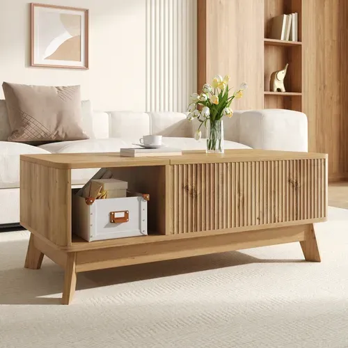 Table Basse Relevable Design Vague Avec Rangement, Bois