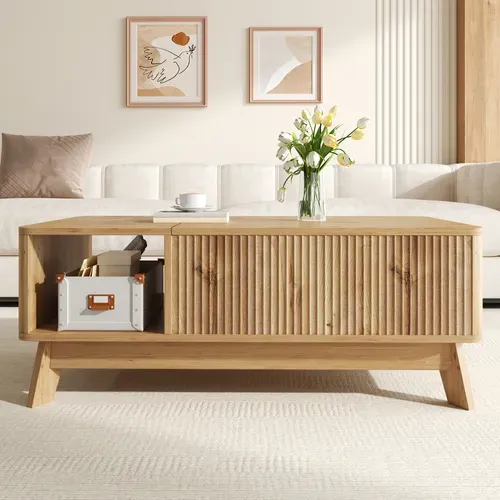 Table Basse Relevable Design Vague Avec Rangement, Bois