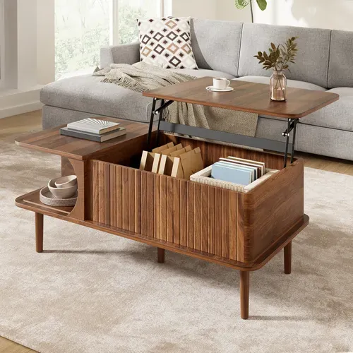 Table Basse Relevable Avec Porte Coulissante Rangement Bois-foncé