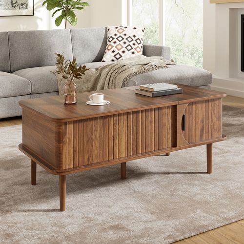 Table Basse Relevable Avec Porte Coulissante Rangement Bois-foncé