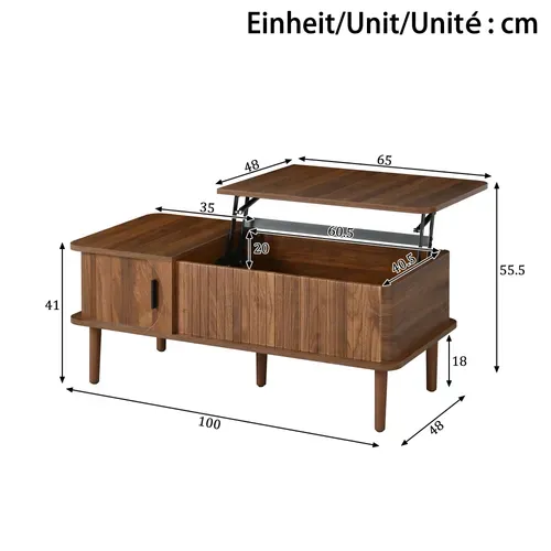 Table Basse Relevable Avec Porte Coulissante Rangement Bois-foncé