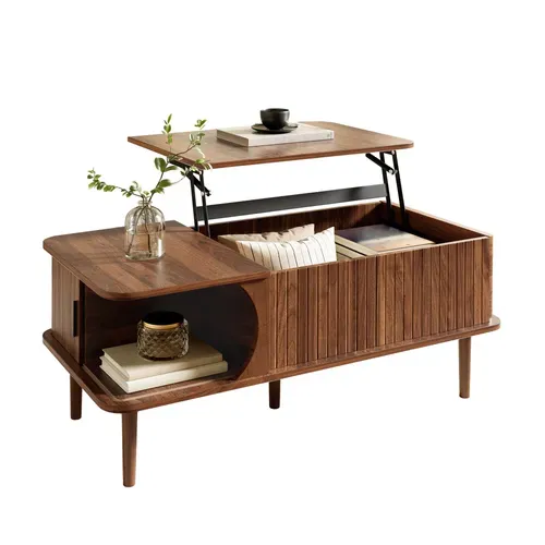 Table Basse Relevable Avec Porte Coulissante Rangement Bois-foncé