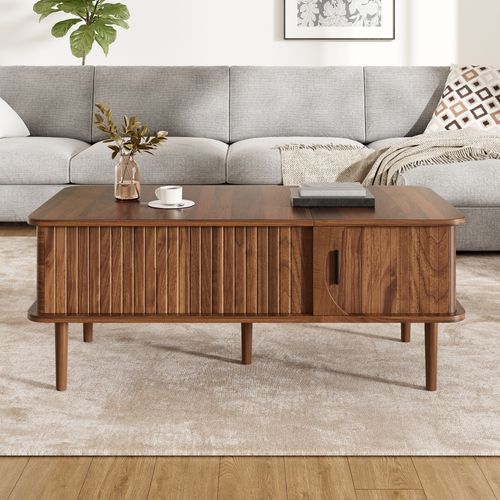 Table Basse Relevable Avec Porte Coulissante Rangement Bois-foncé