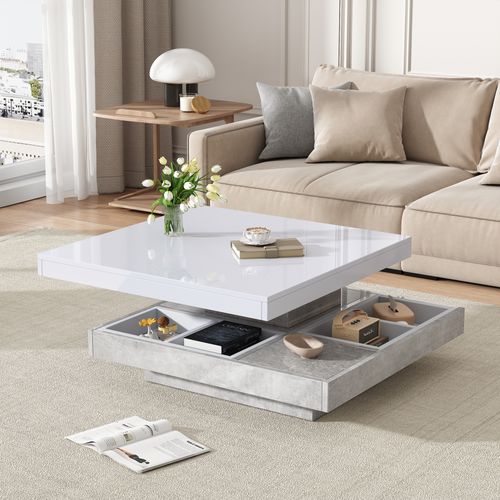 Table Basse Carrée Avec Un Bureau Rotatif à 360° Et Plusieurs Compartiments De Rangement