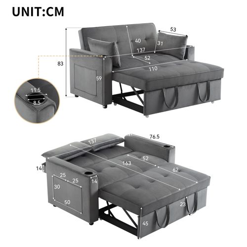 Canapé Convertible 2 Places Avec 2 Porte-gobelets Velours Gris