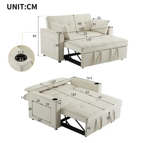 Canapé Convertible 2 Places Avec 2 Porte-gobelets Velours Beige