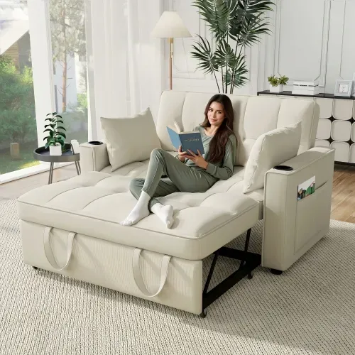 Canapé Convertible 2 Places Avec 2 Porte-gobelets Velours Beige