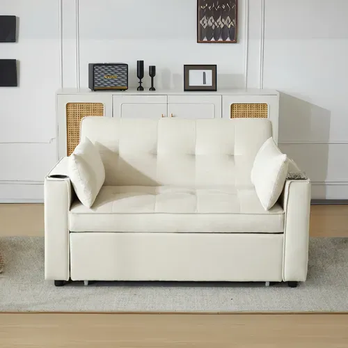 Canapé Convertible 2 Places Avec 2 Porte-gobelets Velours Beige