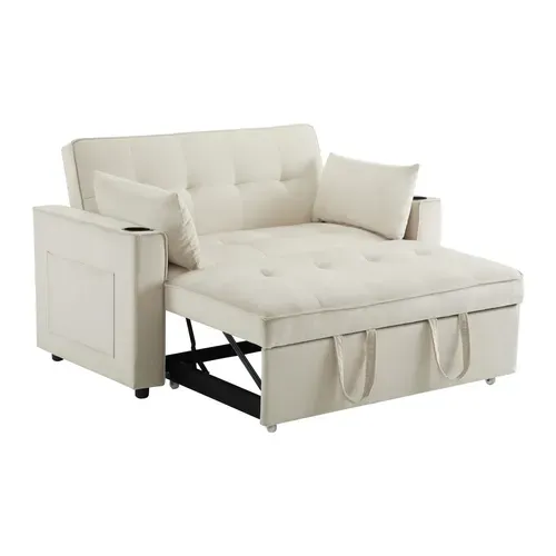 Canapé Convertible 2 Places Avec 2 Porte-gobelets Velours Beige